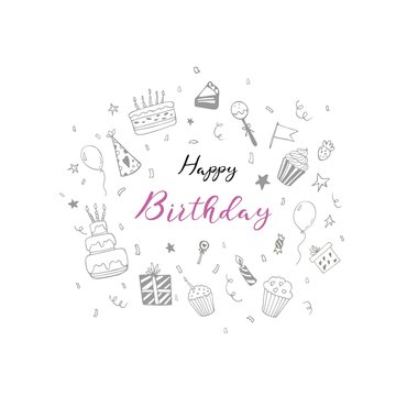 Happy Birthday hand drawn card. Party decoration, gift box, cake with candles, fireworks, confetti, party hats, bouquet, desserts and beverages. Vector outline illustration isolated on white.