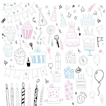 Happy Birthday hand drawn set. Party decoration, gift box, cake with candles, fireworks, confetti, party hats, bouquet, desserts and beverages. Vector outline illustration isolated on white.