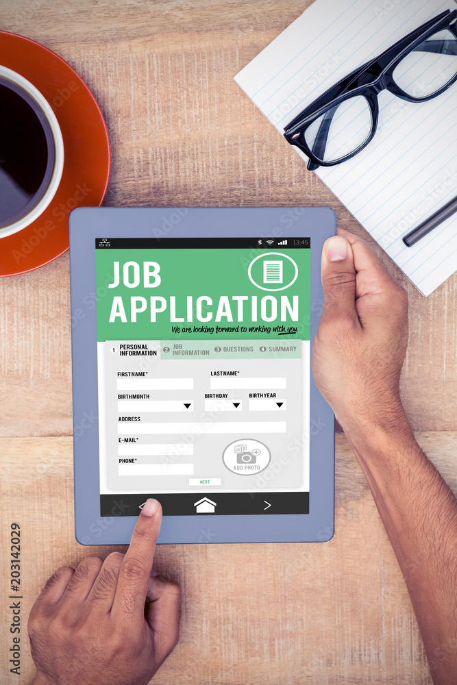 Poster job application on smartphone against cropped image of person using on digital tablet