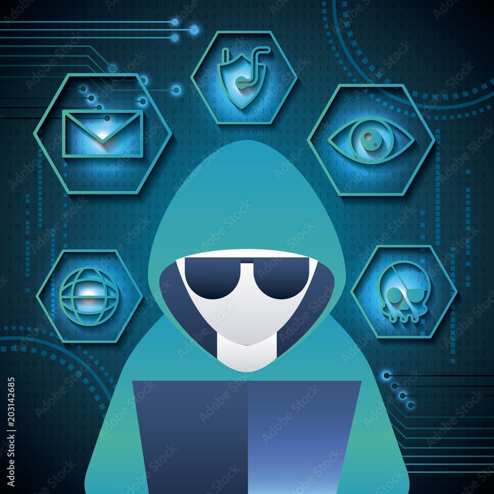 Poster cyber security technology hacker computer skull piracy crime shield protection vector illustration