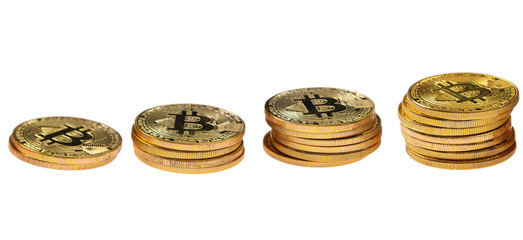 Cryptocurrency growth. Bitcoins isolated on white background