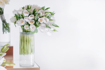 A bouquet of white tulips in a glass vase on a white background with a place for dext and writing. Decoration of a postcard