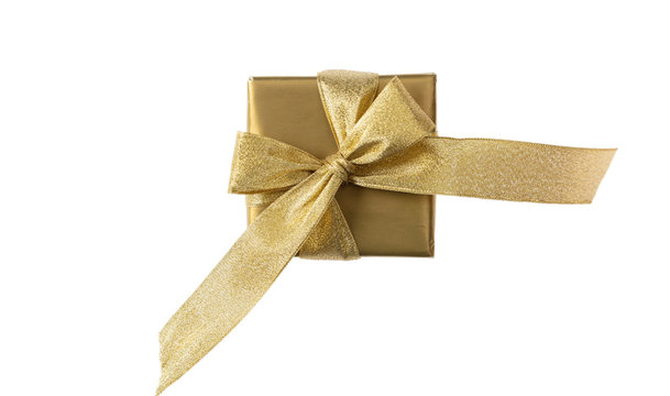 Golden gift box isolated on white background, top view