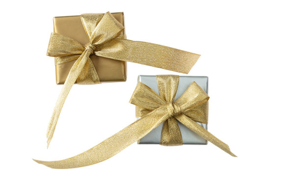 Silver and golden gift boxes isolated on white background, top view