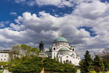 Looking at the Saint Sava cathedral and monument of Karageorge Petrovitch