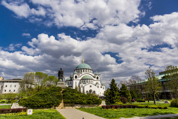 Looking at the Saint Sava cathedral and monument of Karageorge Petrovitch