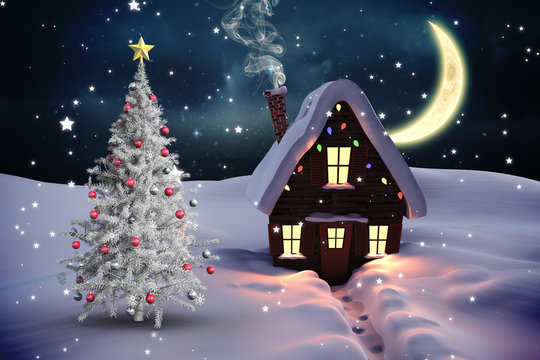 Composite image of christmas tree and house against stars twinkling in night sky