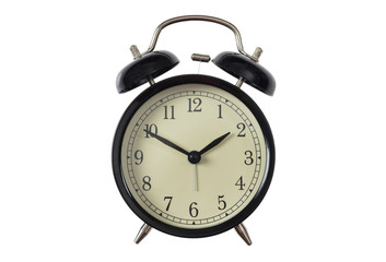 Black alarm clock isolated on white background, top view