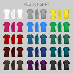 T-shirt templates collection of different colors for men and women in three dimentions: front, side and back view realistic gradient mesh vetor.