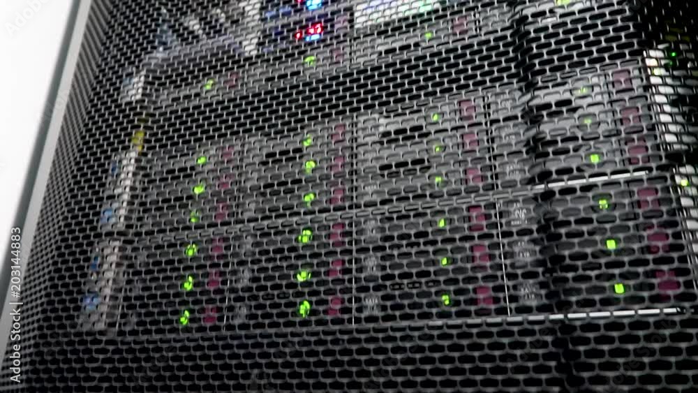 Poster storage hdd server. flashing lamp. data servers rack with many hard drives and led lamps flashes.