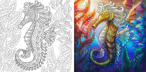 Coloring page and color sample of underwater background. Seahorse and shoal of fishes.