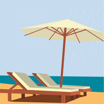 Chaise lounge and umbrella on sand beach. Vector illustration.