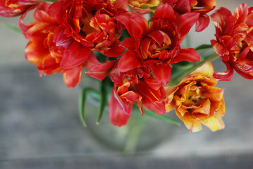 Spring flowers. Bouquet of Red tulips on brown wooden background. Mother's Day and Valentines Day background