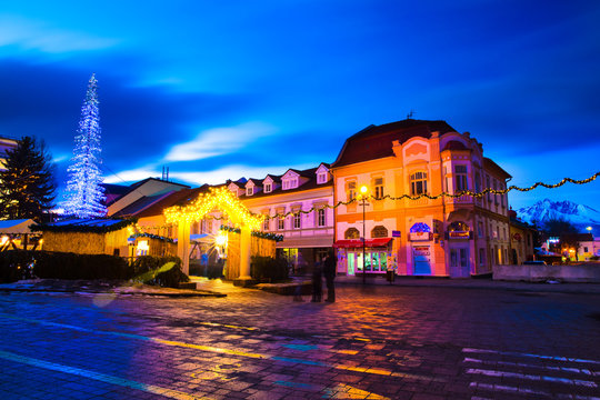 St. Egidius street at night with christmas decorations and lights, Poprad, Slovakia