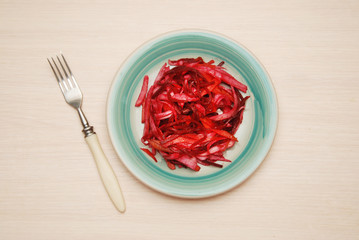 Salad Diet fitness Health Carrot and Raw Beet wit fork rustic Table Flat Lay copy space