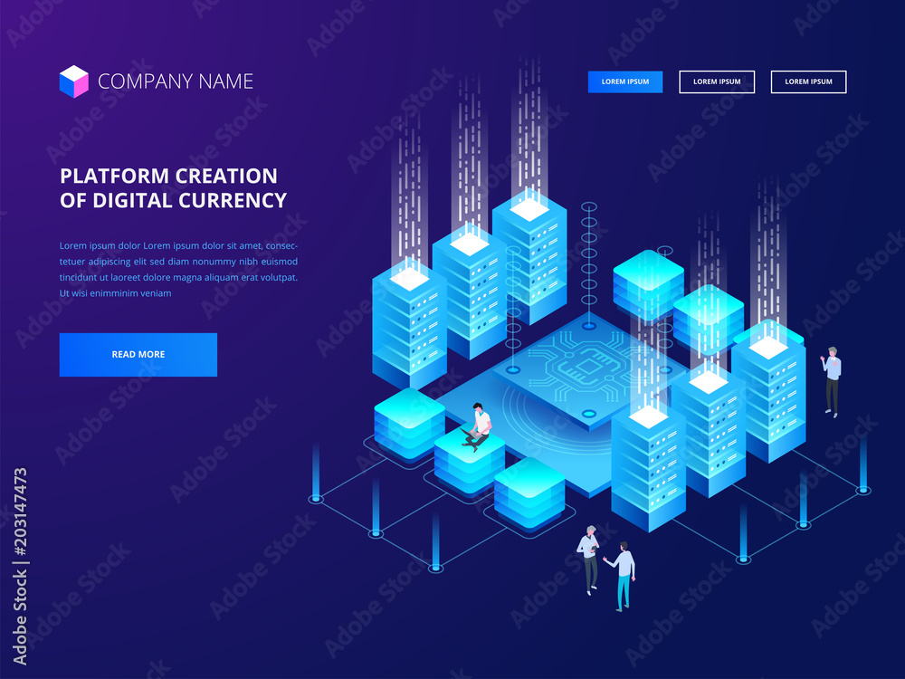 Poster cryptocurrency and blockchain. platform creation of digital currency. web business, analytics and ma