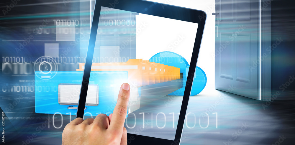 Poster hand using tablet pc against composite image of cloud computing drawer