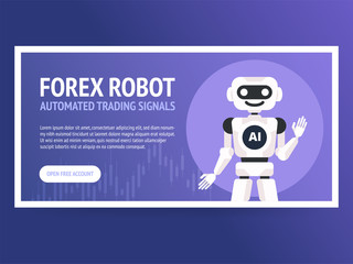Stock exchange trading robot banner. Forex market. Forex trading. Technologies in business and trading. Artificial intelligence. Equity market. Business management.