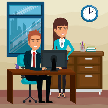 elegant business people in the office scene vector illustration design