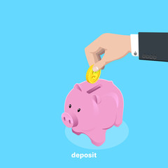 a man's hand throws a gold coin into a piggy bank, an isometric image