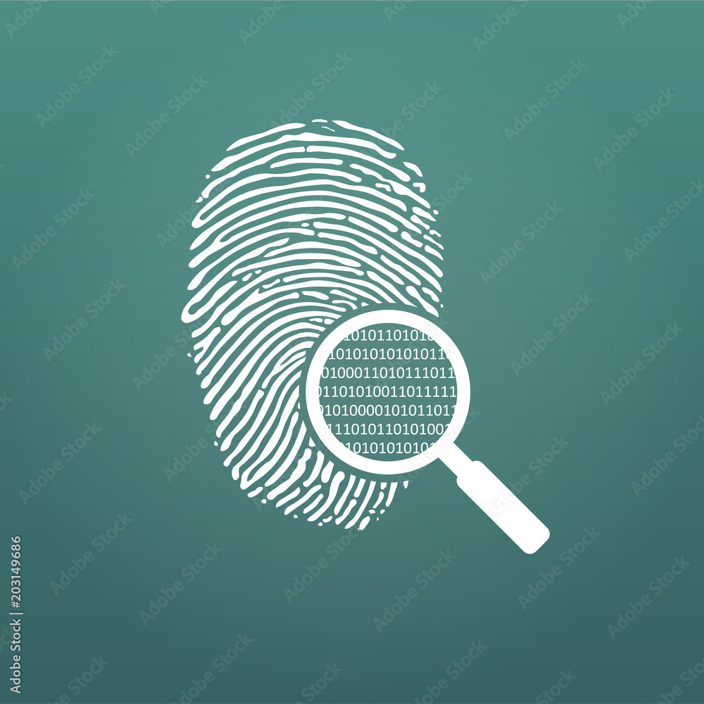 Poster id fingerprint icon with magnifying glass and matrix 1 0. fingerprint vector illustration isolated o