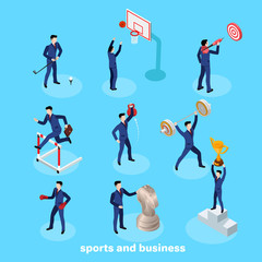 Plakat business and finance icons on white background, men in business suits in different sports situations, isometric image