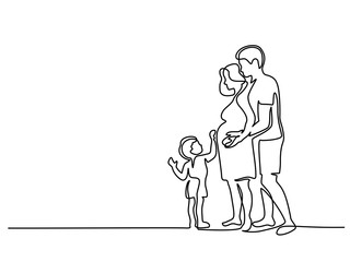 Continuous line drawing. Happy pregnant woman with her husband and small son, silhouette picture. Vector illustration