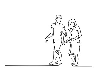 Continuous line drawing. Happy pregnant woman walking with her husband, silhouette picture. Vector illustration