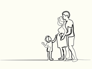 Continuous line drawing. Happy pregnant woman with her husband and small son, silhouette picture. Vector illustration