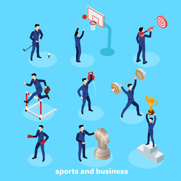 business and finance icons on white background, men in business suits in different sports situations, isometric image