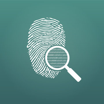 ID fingerprint icon with magnifying glass and matrix 1 0. Fingerprint vector illustration isolated on modern background.