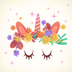 Cute Cartoon Unicorn with flowers on a white background. It can be used for shampoo, patch, phone case, sticker, poster, t-shirt, mug, invitations, gift cards, flyers, brochures