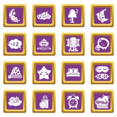 Sleeping icons set vector purple square isolated on white background 