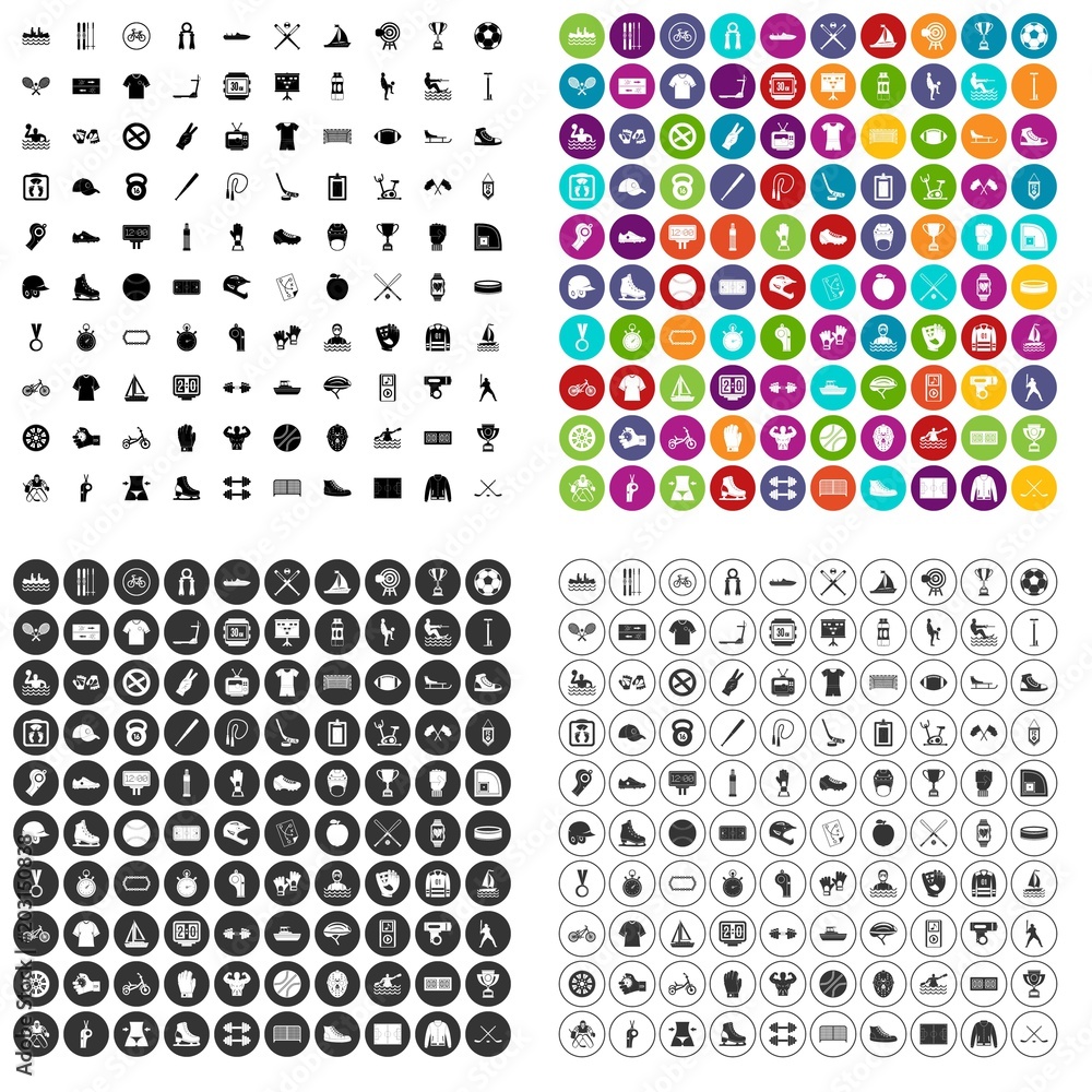 Poster 100 sport team icons set vector in 4 variant for any web design isolated on white