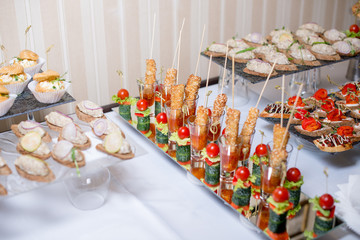 Buffet table of reception with burgers, cold snacks, meat and salads
