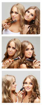 Instant photos.Female friends putting makeup