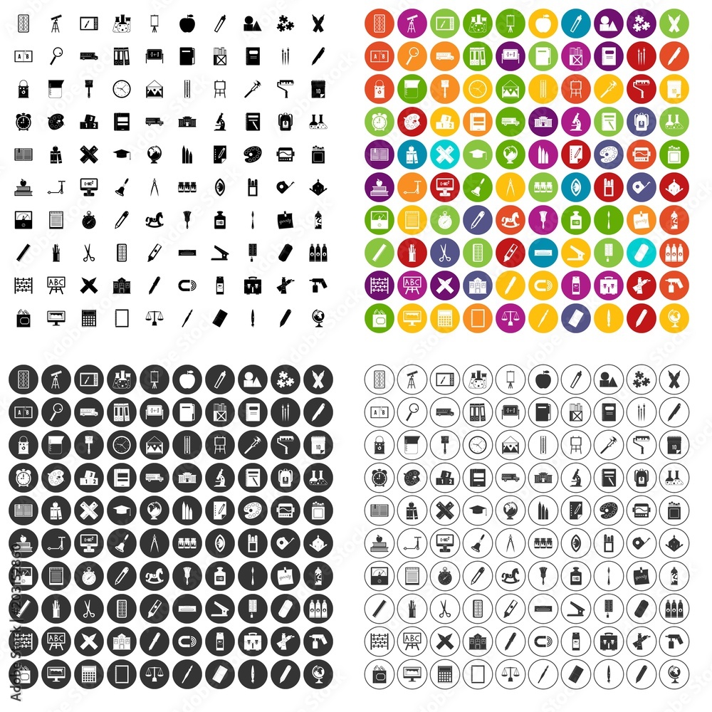 Poster 100 stationery icons set vector in 4 variant for any web design isolated on white