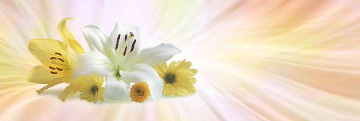Special flowers for a Special Occasion - a white lily, a yellow lily and three daisies grouped together against a yellow orange and white laser line flowing background with copy space
