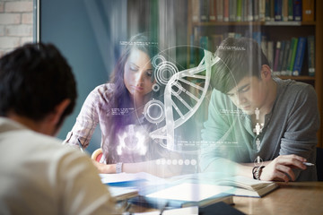 Illustration of DNA against students preparing the examinations