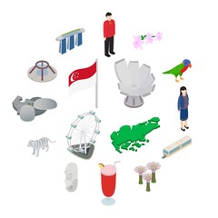 Singapore icons set in isometric 3d style isolated on white background