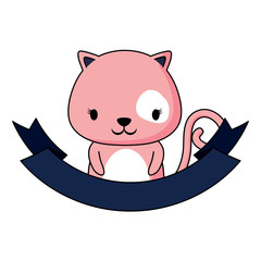 decorative emblem with cute kitty and ribbon over white background, colorful design. vector illustration