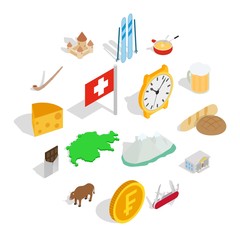 Switzerland icons set in isometric 3d style isolated on white background