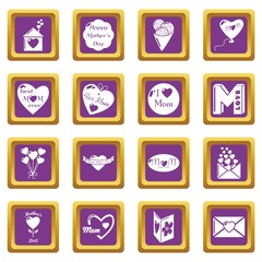 Mother Day icons set vector purple square isolated on white background 