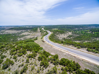 Long Texas Hill Country road taken from the air