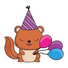 happy birthday design with cute squirrel with birthday hat and balloons over white background, colorful design.  vector illustration