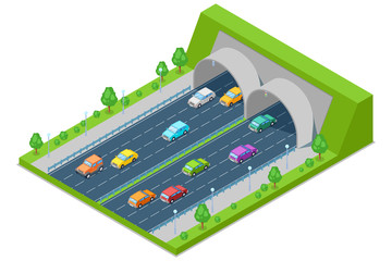 Highway road passes through tunnel in mountain, vector isometric 3D illustration. Transport, road construction concept