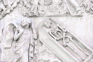 Detail of the facade of the Duomo of Orvieto, Italy. Marble bas-relief representing episodes of the bible