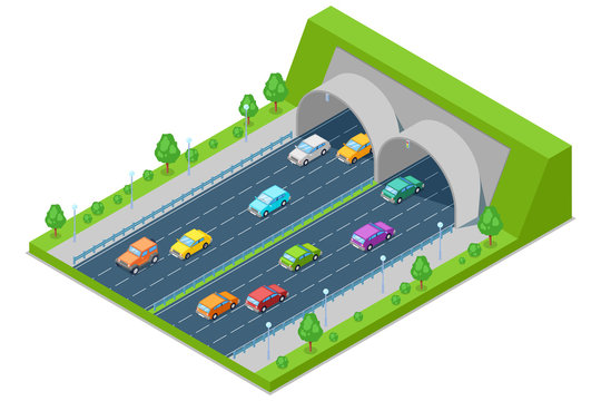 Highway Road Passes Through Tunnel In Mountain, Vector Isometric 3D Illustration. Transport, Road Construction Concept