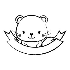 sketch of decorative emblem with cute squirrel and ribbon over white background, vector illustration