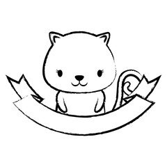 sketch of decorative emblem with cute kitty and ribbon over white background, vector illustration